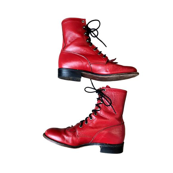 Justin Roper Shoes - VNTG Justin Roper Women's Cherry Red Leather Fringe Lace Up Western Boots 6.5B